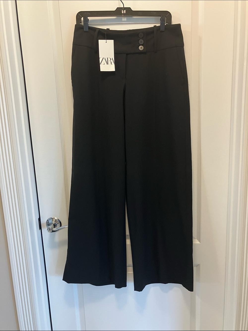 NWT Zara Black Wide-Leg High-Waist Trousers with Button Detail